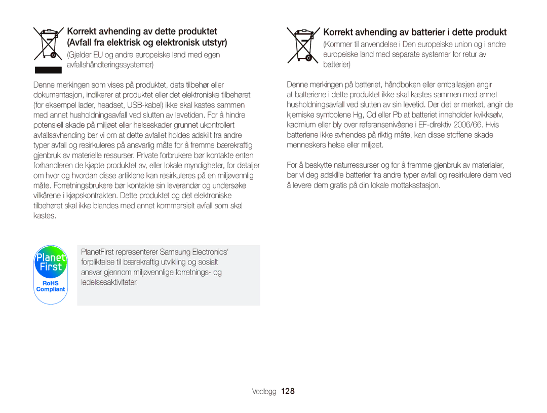 Samsung EC-WB2000BPBE2 manual Korrekt avhending av batterier i dette produkt 