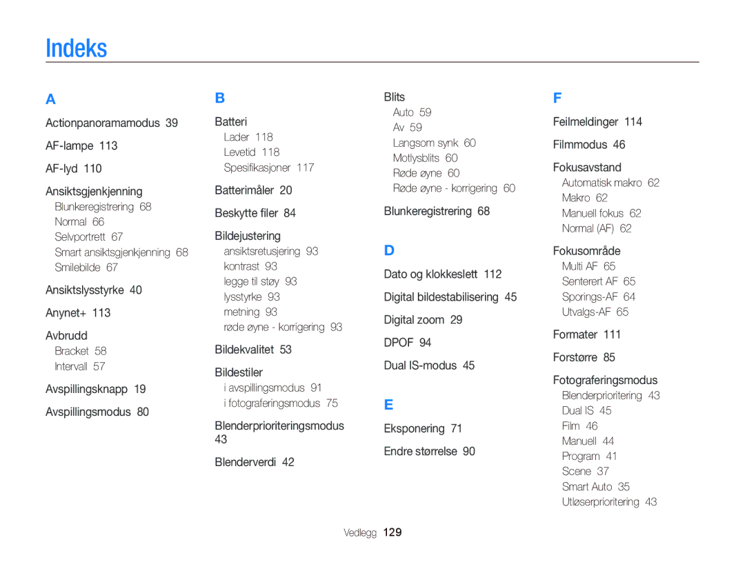 Samsung EC-WB2000BPBE2 manual Indeks 