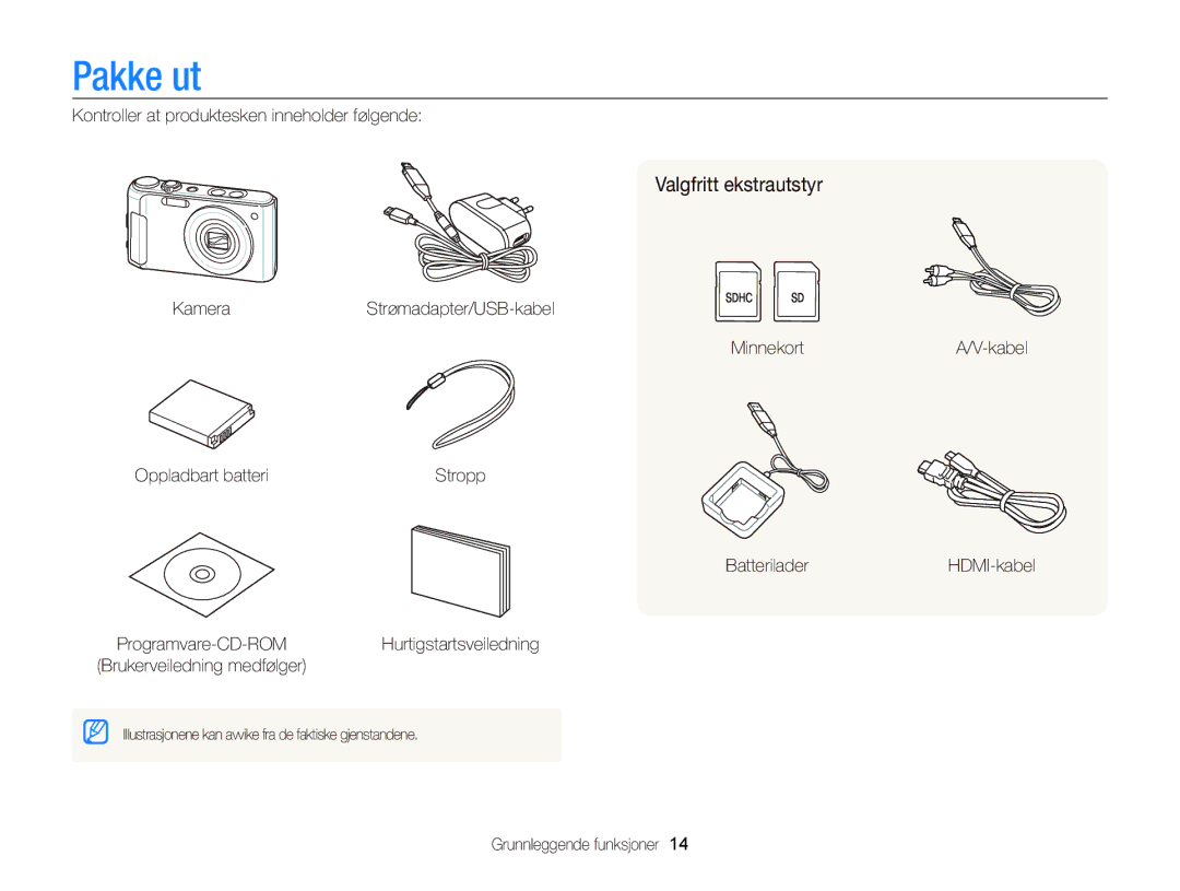 Samsung EC-WB2000BPBE2 manual Pakke ut, Valgfritt ekstrautstyr, Kontroller at produktesken inneholder følgende 