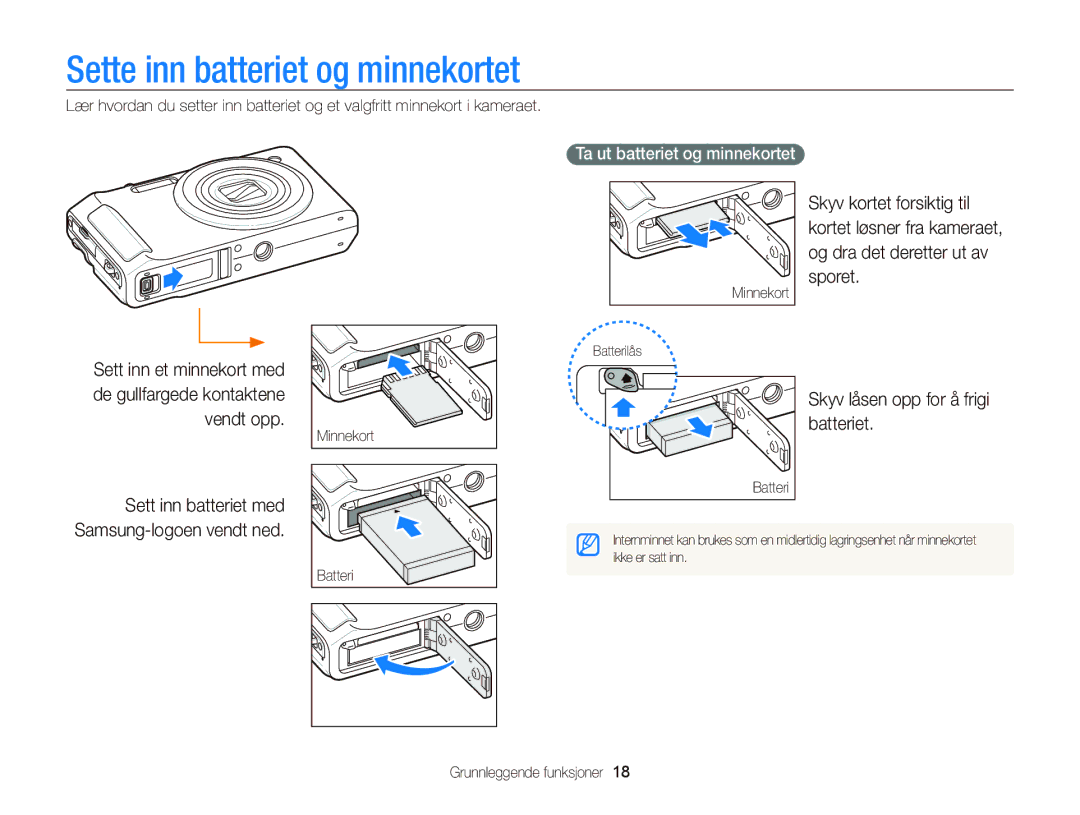 Samsung EC-WB2000BPBE2 manual Sette inn batteriet og minnekortet, Skyv låsen opp for å frigi batteriet, Batteri 