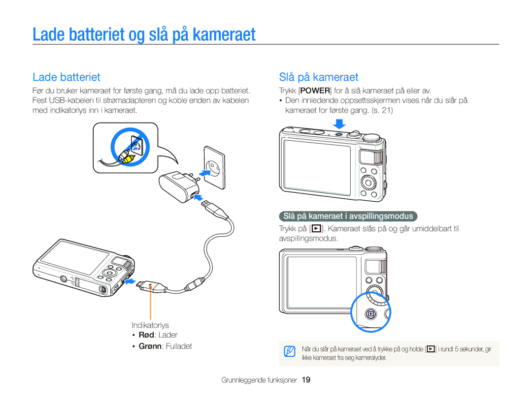 Samsung EC-WB2000BPBE2 manual Lade batteriet og slå på kameraet, Slå på kameraet i avspillingsmodus 