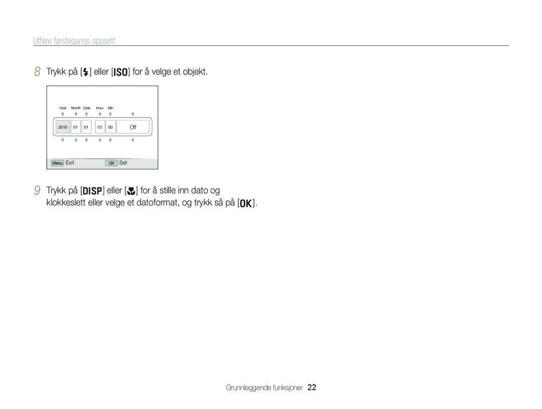 Samsung EC-WB2000BPBE2 manual Utføre førstegangs oppsett, Trykk på F eller I for å velge et objekt 