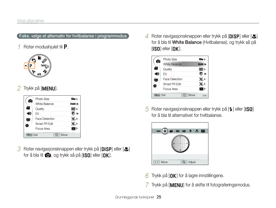 Samsung EC-WB2000BPBE2 manual Velge alternativer, Roter modushjulet til p Trykk på m, Trykk på o for å lagre innstillingene 