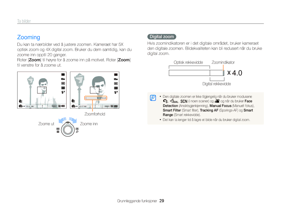 Samsung EC-WB2000BPBE2 manual Zooming, Ta bilder, Digital zoom 