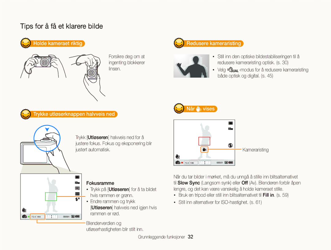 Samsung EC-WB2000BPBE2 manual Holde kameraet riktig, Redusere kameraristing, Trykke utløserknappen halvveis ned, Når vises 