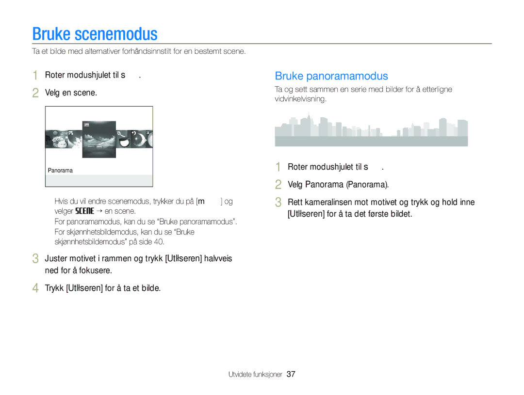 Samsung EC-WB2000BPBE2 manual Bruke scenemodus, Bruke panoramamodus, Roter modushjulet til s Velg en scene 