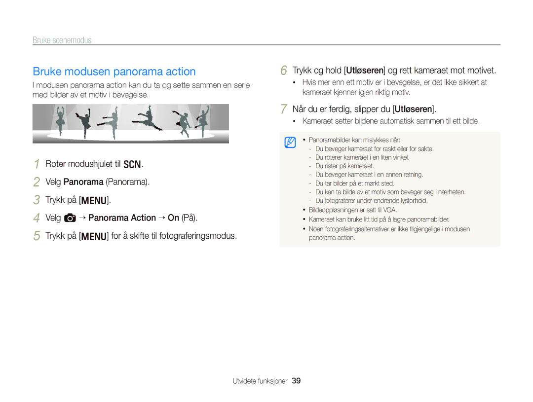 Samsung EC-WB2000BPBE2 manual Bruke modusen panorama action 