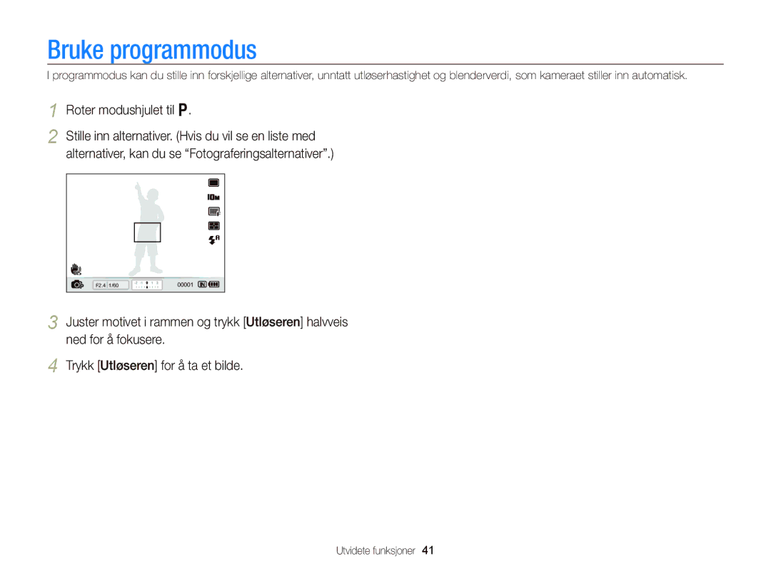 Samsung EC-WB2000BPBE2 manual Bruke programmodus, Roter modushjulet til p 