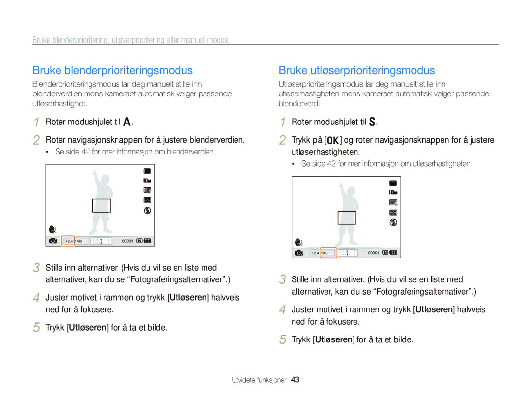 Samsung EC-WB2000BPBE2 manual Bruke blenderprioriteringsmodus, Bruke utløserprioriteringsmodus 