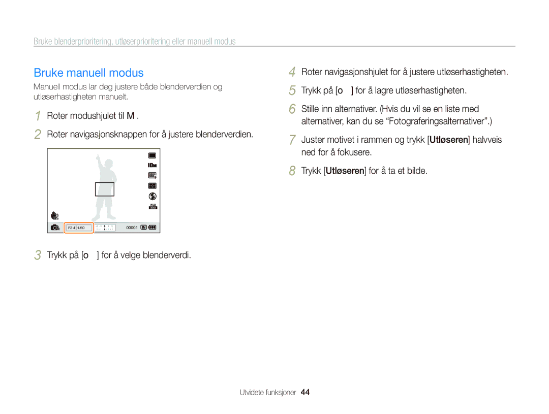 Samsung EC-WB2000BPBE2 manual Bruke manuell modus 