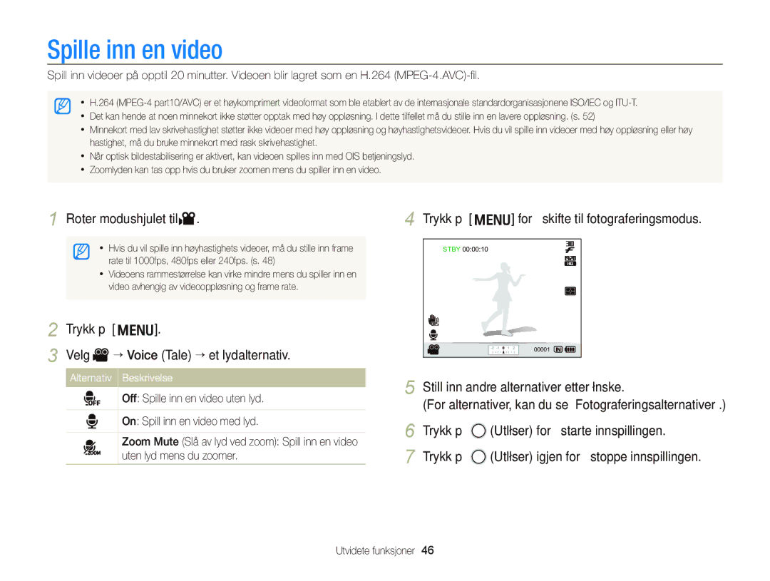 Samsung EC-WB2000BPBE2 manual Spille inn en video, Roter modushjulet til, Trykk på m Velg V “ Voice Tale ““et lydalternativ 