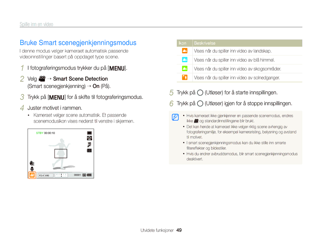 Samsung EC-WB2000BPBE2 manual Bruke Smart scenegjenkjenningsmodus, Fotograferingsmodus trykker du på m 