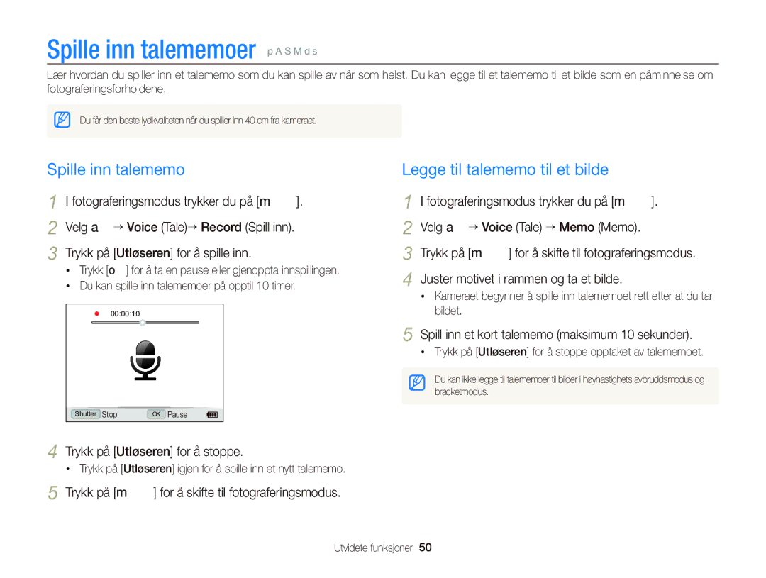 Samsung EC-WB2000BPBE2 Spille inn talememoer p a S M d s, Legge til talememo til et bilde, Trykk på Utløseren for å stoppe 