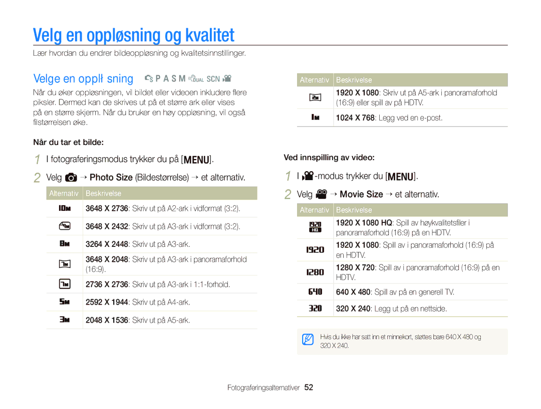 Samsung EC-WB2000BPBE2 manual Velg en oppløsning og kvalitet, Velge en oppløsning t p a S M d s 