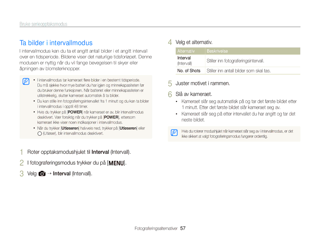 Samsung EC-WB2000BPBE2 manual Ta bilder i intervallmodus, Velg et alternativ, Juster motivet i rammen Slå av kameraet 