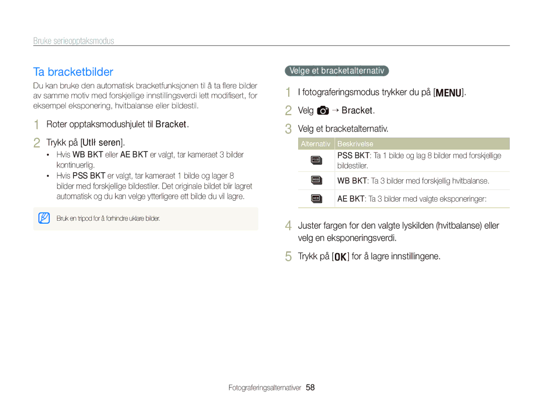 Samsung EC-WB2000BPBE2 manual Ta bracketbilder, Roter opptaksmodushjulet til Bracket 