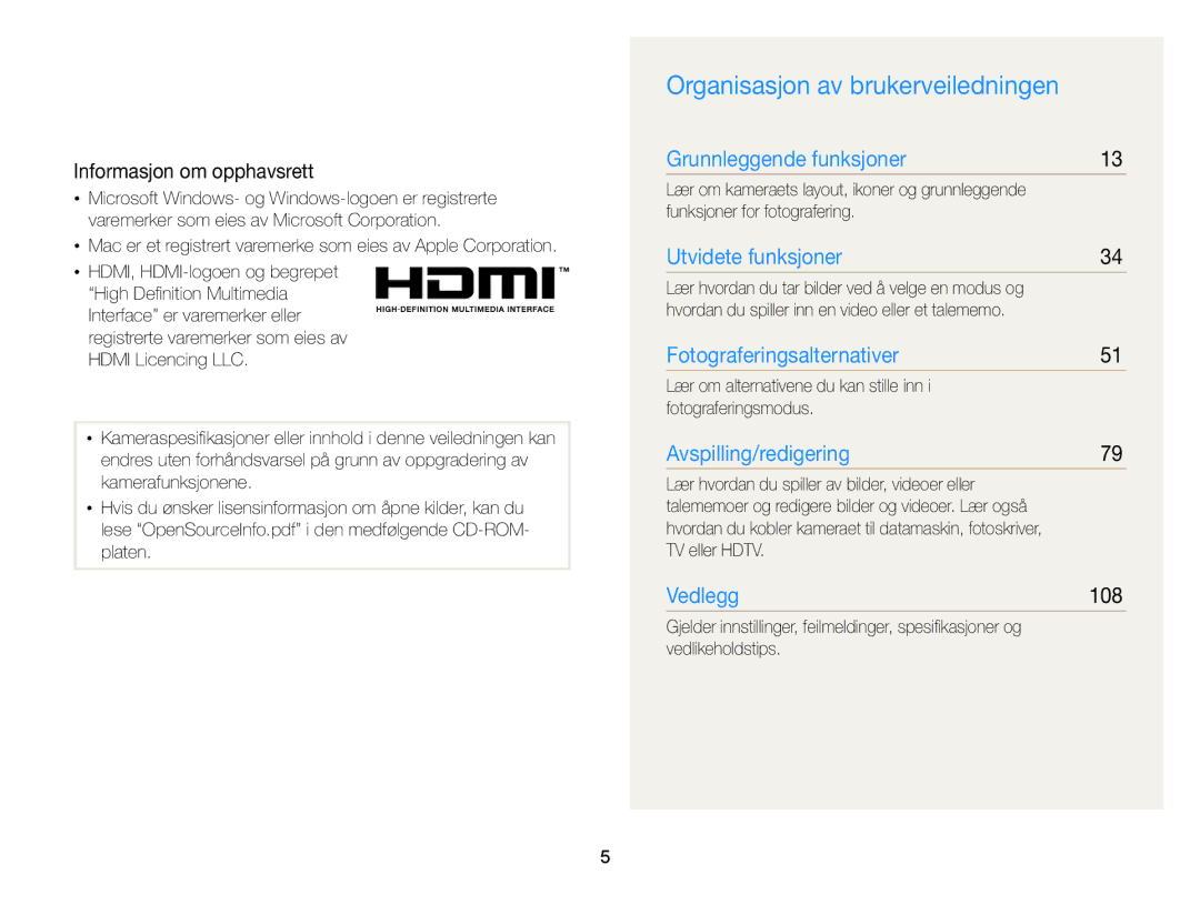 Samsung EC-WB2000BPBE2 manual Organisasjon av brukerveiledningen, Informasjon om opphavsrett, 108 