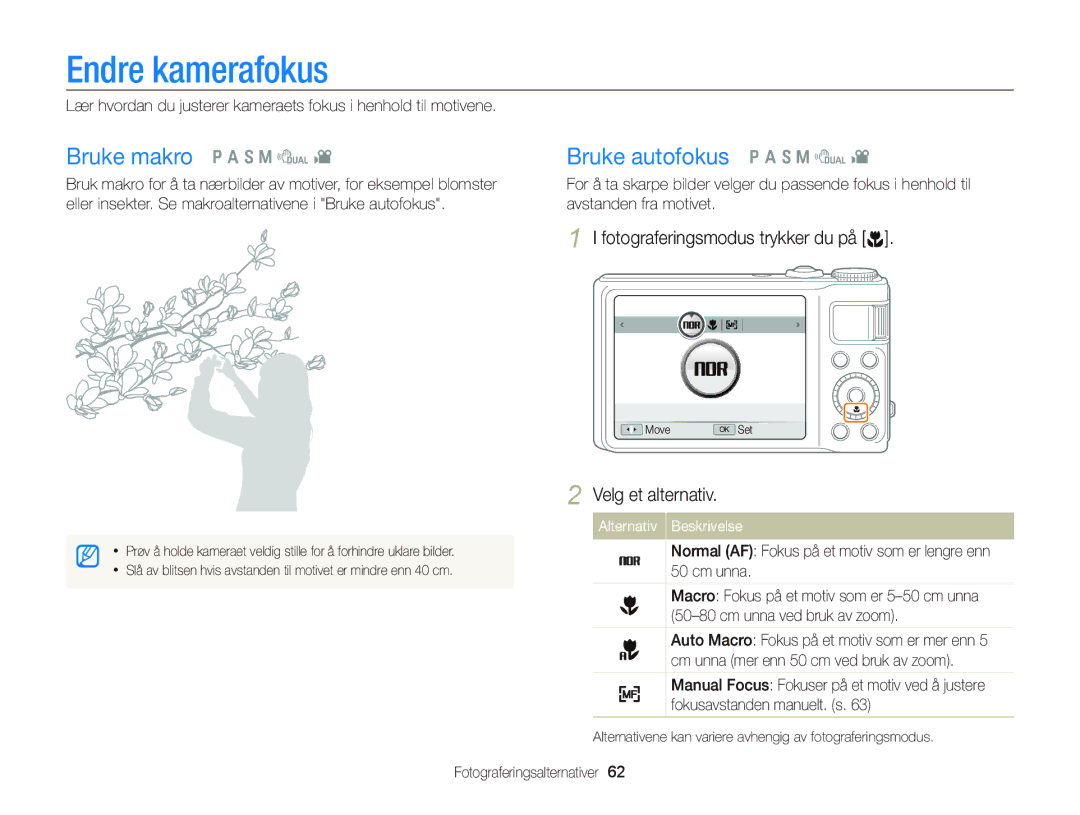 Samsung EC-WB2000BPBE2 manual Endre kamerafokus, Bruke makro p a S M d, Bruke autofokus p a S M d 