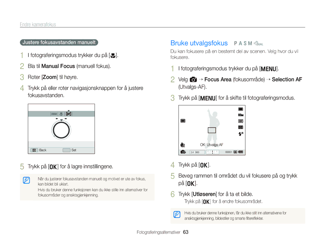 Samsung EC-WB2000BPBE2 manual Bruke utvalgsfokus p a S M d, Endre kamerafokus, Justere fokusavstanden manuelt 