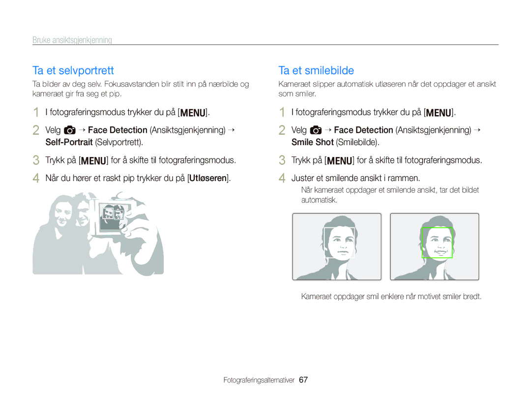 Samsung EC-WB2000BPBE2 manual Ta et selvportrett, Ta et smilebilde, Bruke ansiktsgjenkjenning 