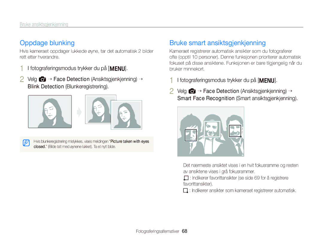 Samsung EC-WB2000BPBE2 manual Oppdage blunking, Bruke smart ansiktsgjenkjenning 
