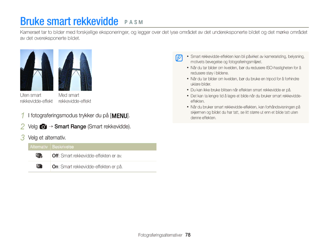 Samsung EC-WB2000BPBE2 manual Bruke smart rekkevidde p a S M, Velg a “ Smart Range Smart rekkevidde Velg et alternativ 