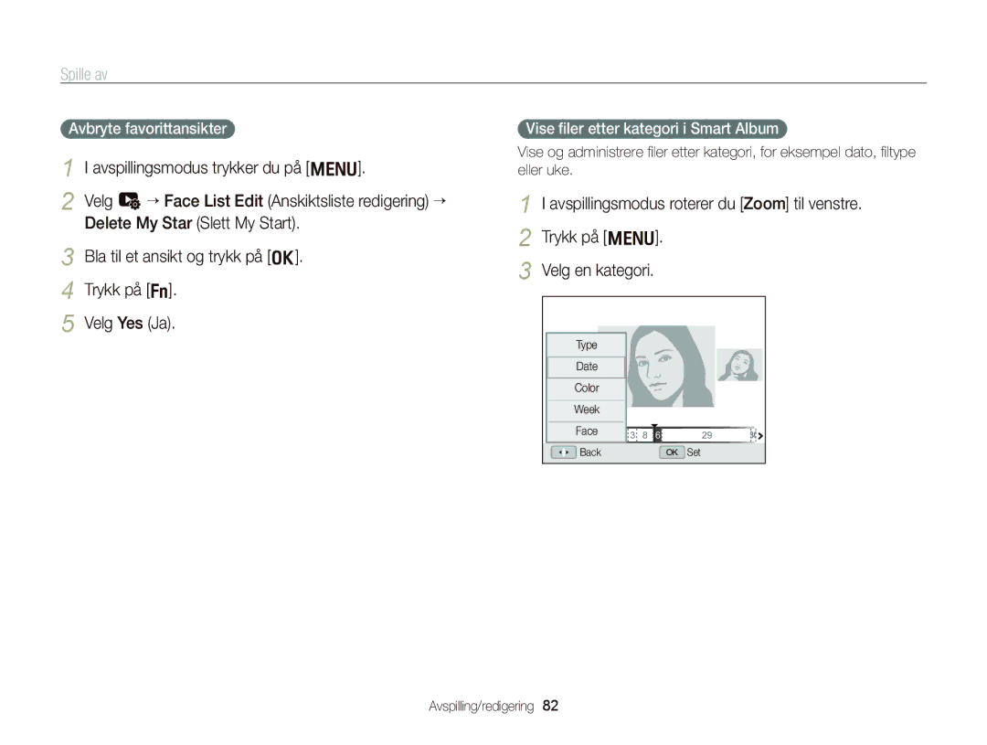 Samsung EC-WB2000BPBE2 Avspillingsmodus trykker du på m, Trykk på f Velg Yes Ja, Vise ﬁler etter kategori i Smart Album 