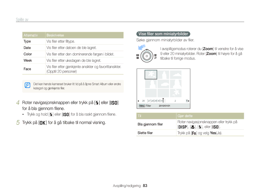 Samsung EC-WB2000BPBE2 manual Trykk på o for å gå tilbake til normal visning, Vise ﬁler som miniatyrbilder, Til Gjør dette 