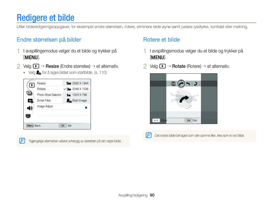 Samsung EC-WB2000BPBE2 manual Redigere et bilde, Endre størrelsen på bilder, Rotere et bilde 