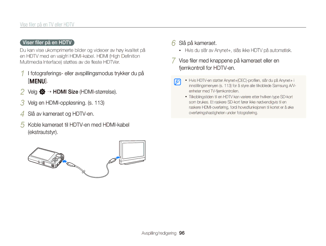 Samsung EC-WB2000BPBE2 manual Vise ﬁler på en TV eller Hdtv, Viser ﬁler på en Hdtv 