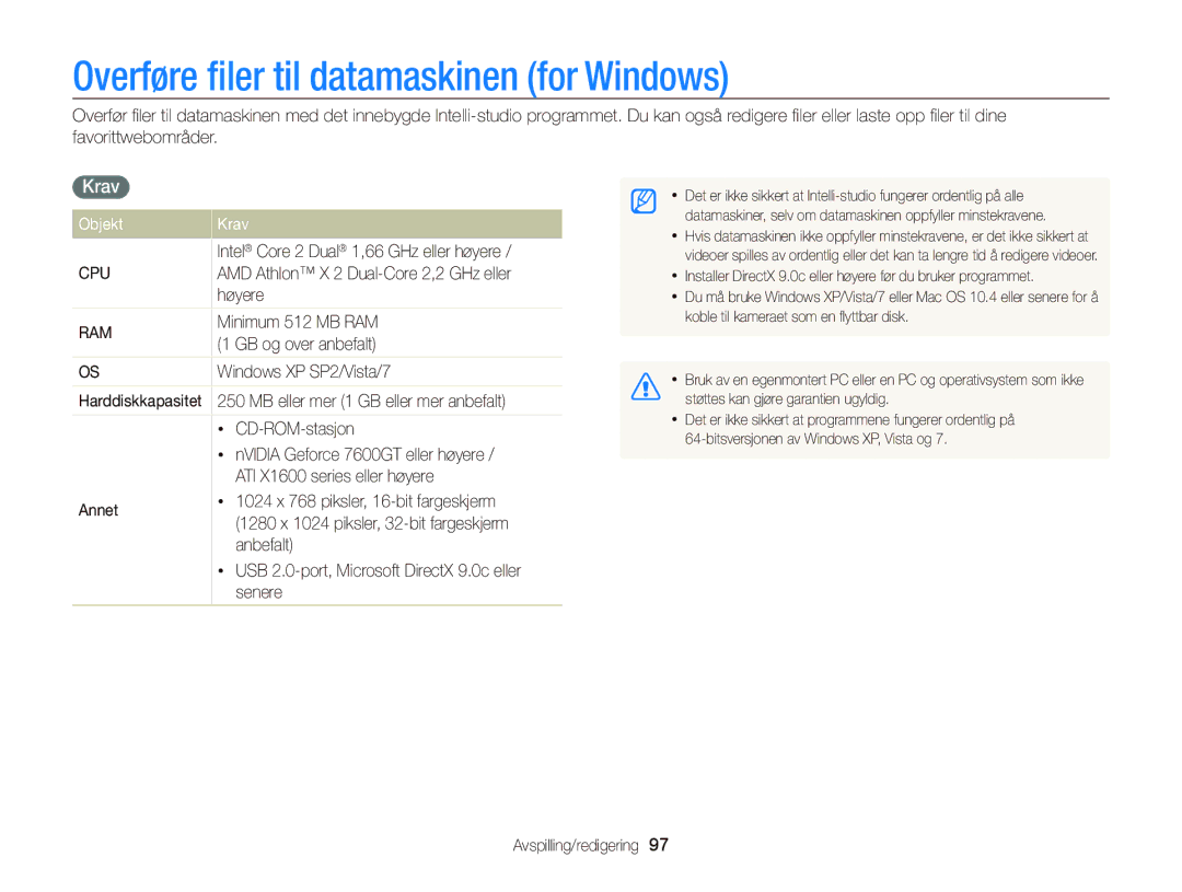 Samsung EC-WB2000BPBE2 manual Overføre ﬁler til datamaskinen for Windows, Objekt Krav 