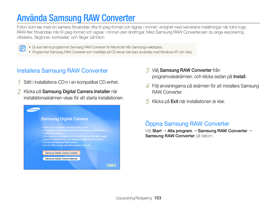 Samsung EC-WB2000BPBE2 manual Använda Samsung RAW Converter, Installera Samsung RAW Conventer, Öppna Samsung RAW Converter 