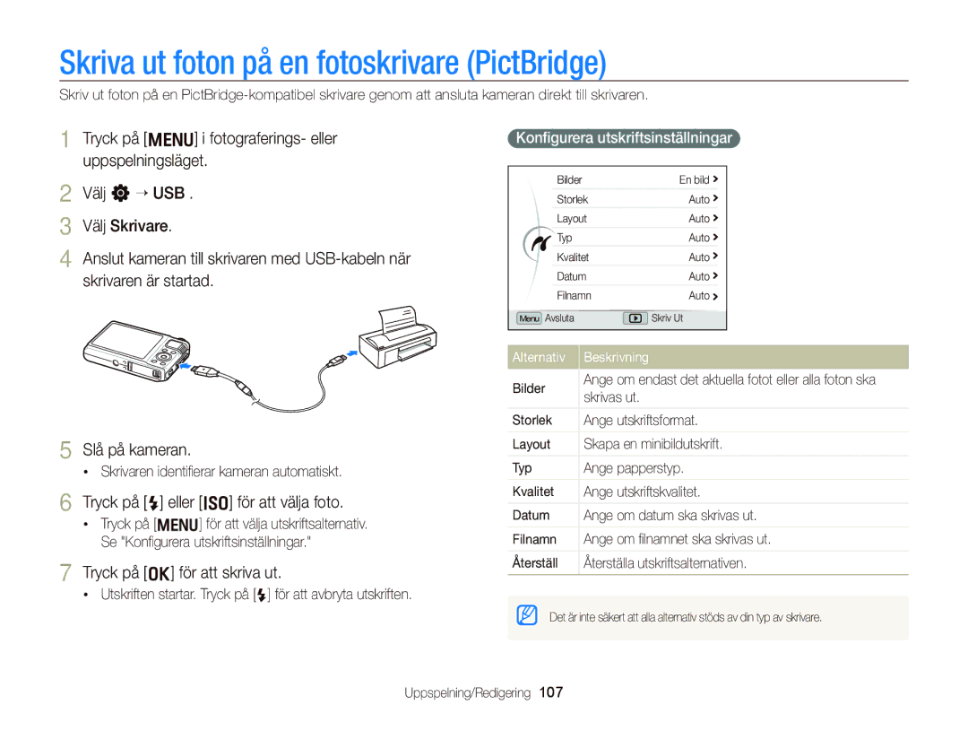 Samsung EC-WB2000BPBE2 manual Skriva ut foton på en fotoskrivare PictBridge, Tryck på F eller I för att välja foto 