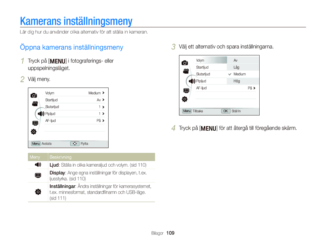 Samsung EC-WB2000BPBE2 manual Kamerans inställningsmeny, Öppna kamerans inställningsmeny, Meny Beskrivning 