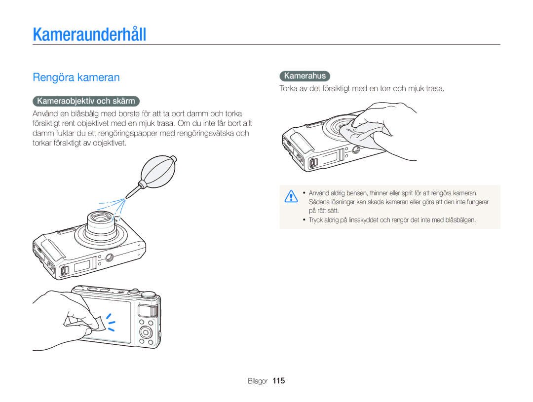 Samsung EC-WB2000BPBE2 manual Kameraunderhåll, Rengöra kameran, Kameraobjektiv och skärm, Kamerahus 