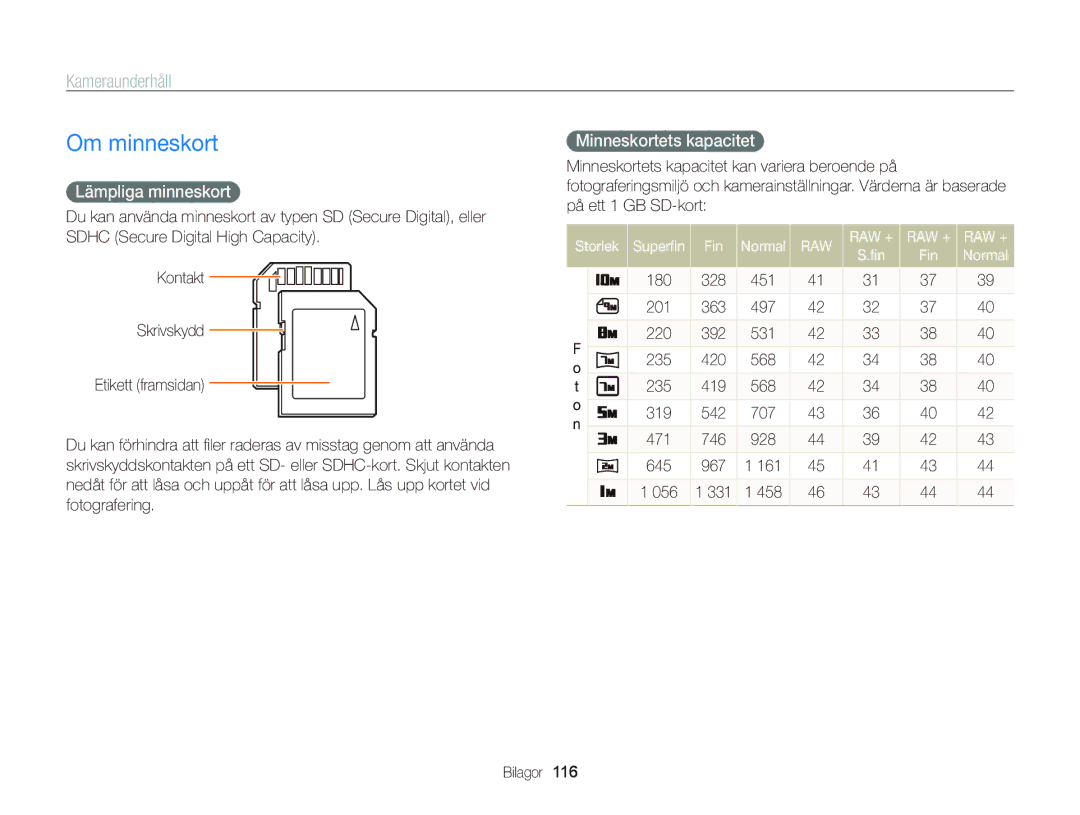 Samsung EC-WB2000BPBE2 Om minneskort, Kameraunderhåll, Lämpliga minneskort, Minneskortets kapacitet, Storlek Superﬁn Fin 
