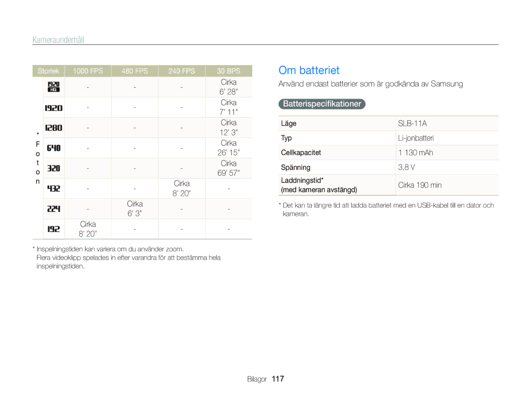 Samsung EC-WB2000BPBE2 manual Om batteriet, Batterispeciﬁkationer, Storlek 1000 FPS 480 FPS 240 FPS 30 BPS 