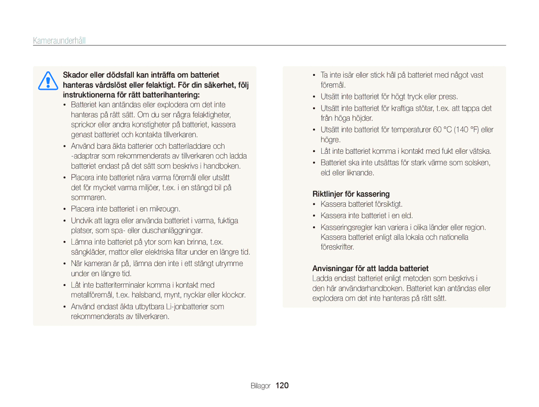 Samsung EC-WB2000BPBE2 manual Använd bara äkta batterier och batteriladdare och 