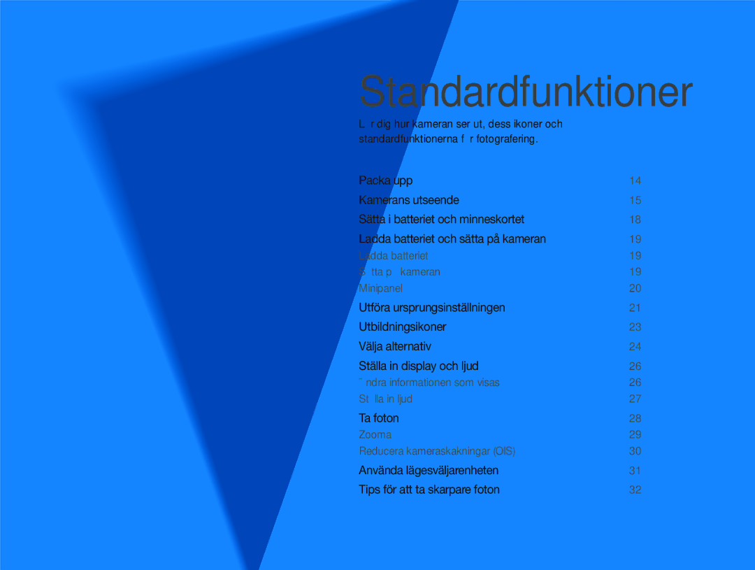 Samsung EC-WB2000BPBE2 manual Standardfunktioner 