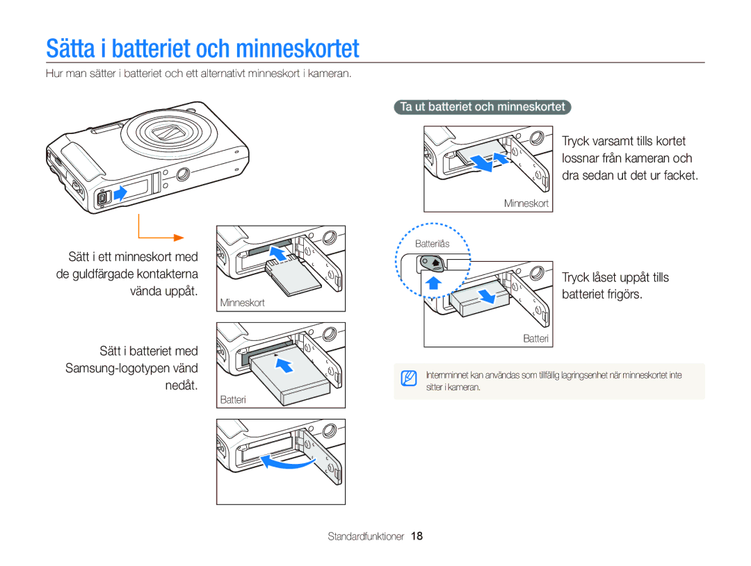 Samsung EC-WB2000BPBE2 Sätta i batteriet och minneskortet, Sätt i batteriet med Samsung-logotypen vänd nedåt, Batteri 