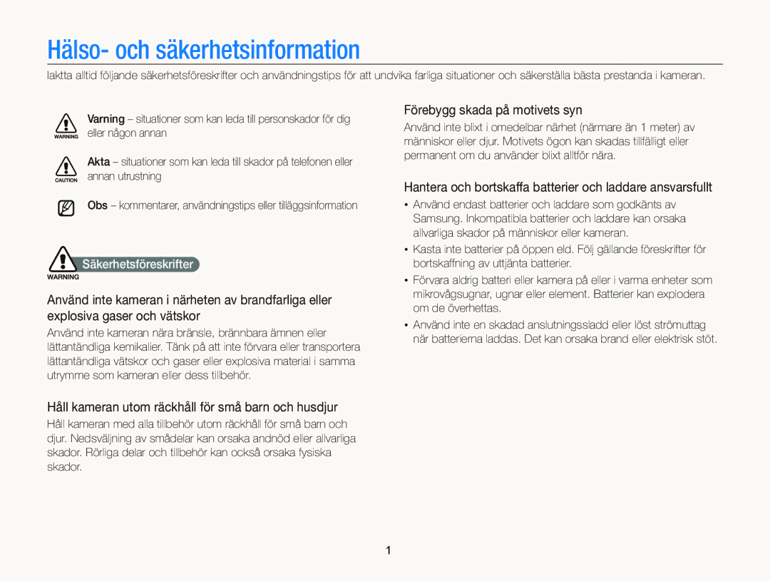 Samsung EC-WB2000BPBE2 manual Hälso- och säkerhetsinformation, Förebygg skada på motivets syn, Säkerhetsföreskrifter 