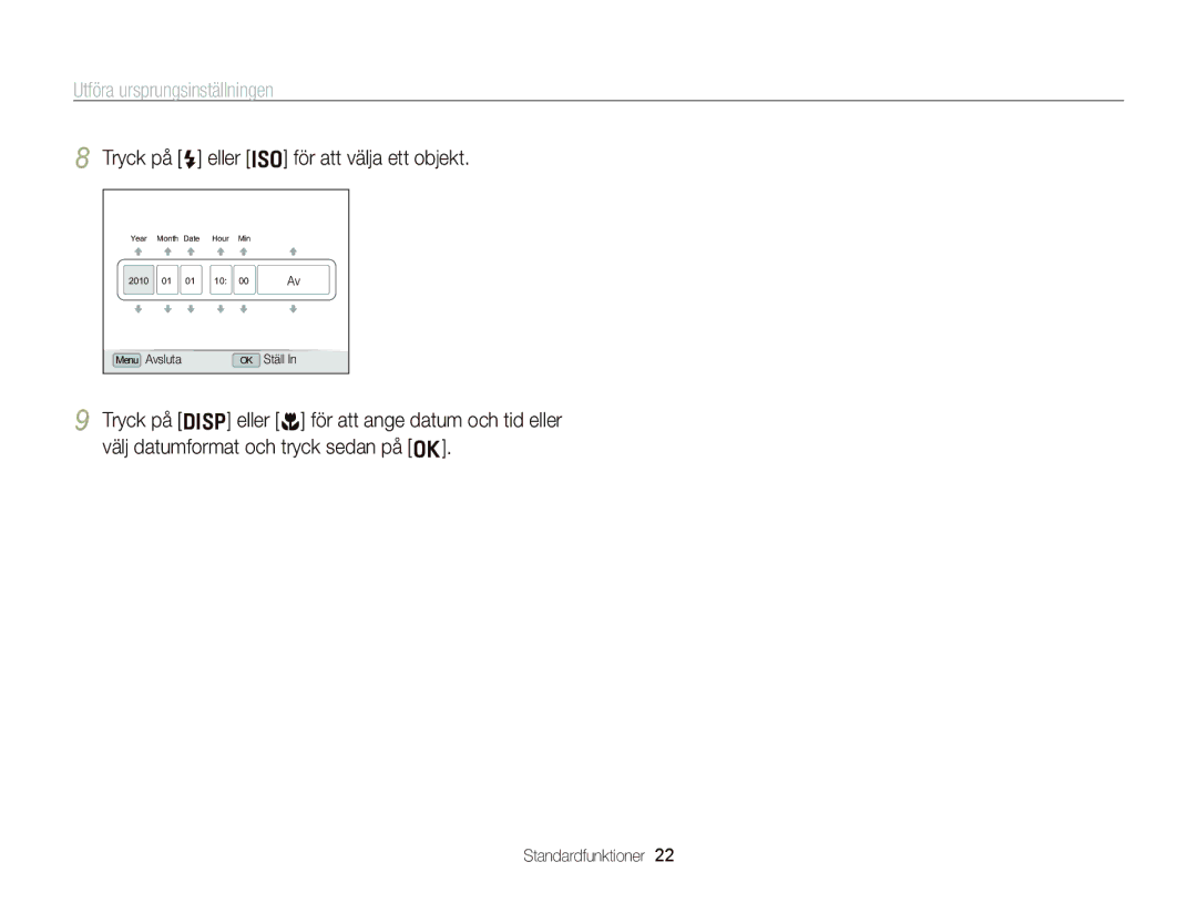 Samsung EC-WB2000BPBE2 manual Utföra ursprungsinställningen, Tryck på F eller I för att välja ett objekt 