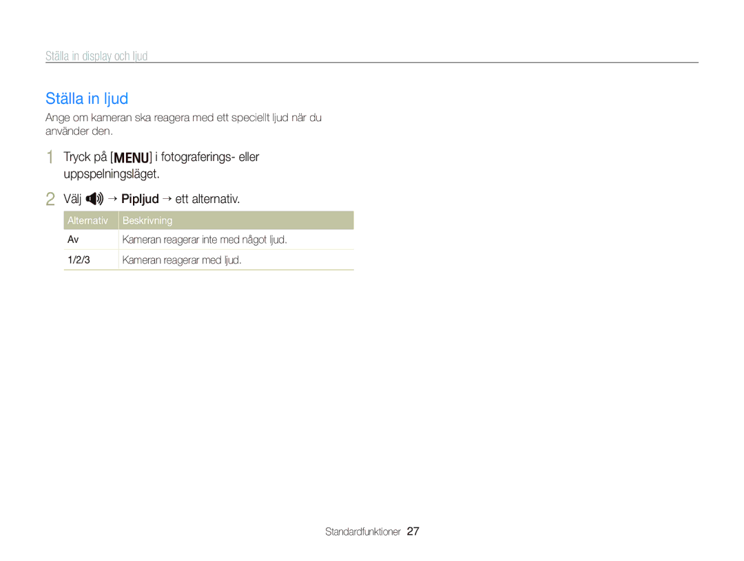 Samsung EC-WB2000BPBE2 manual Ställa in ljud, Ställa in display och ljud, Alternativ Beskrivning, Kameran reagerar med ljud 