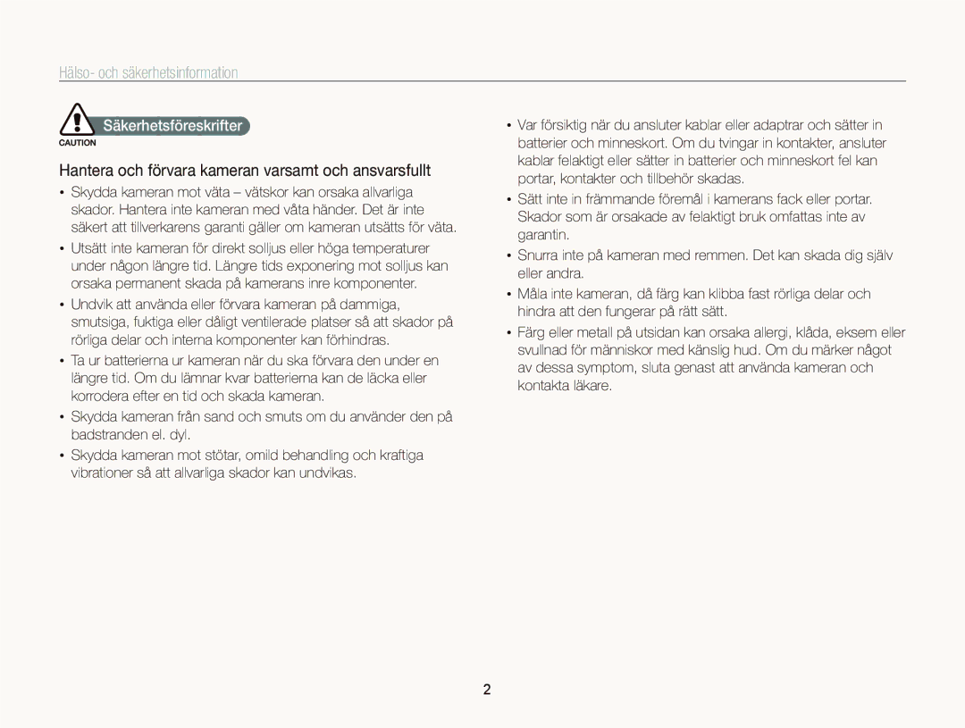 Samsung EC-WB2000BPBE2 manual Hälso- och säkerhetsinformation, Hantera och förvara kameran varsamt och ansvarsfullt 