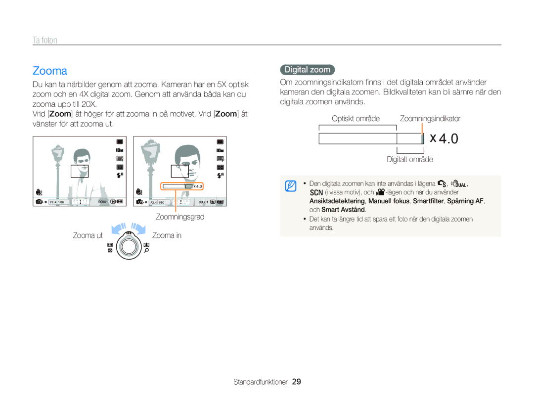 Samsung EC-WB2000BPBE2 manual Ta foton, Digital zoom, Digitalt område, Zooma ut 