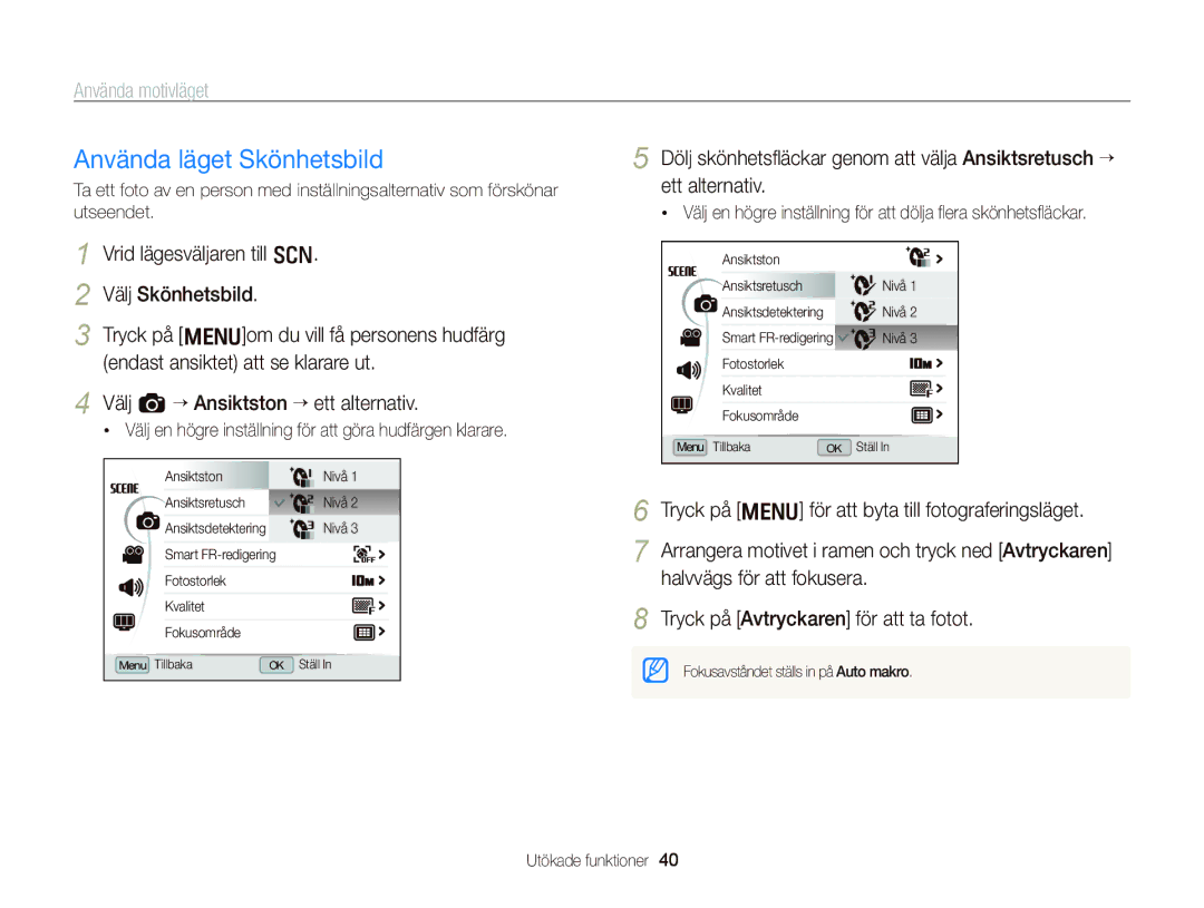 Samsung EC-WB2000BPBE2 manual Använda läget Skönhetsbild, Välj en högre inställning för att göra hudfärgen klarare 