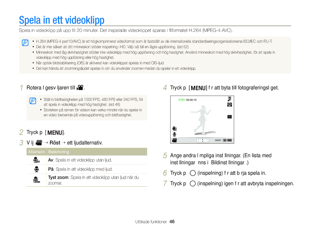 Samsung EC-WB2000BPBE2 Spela in ett videoklipp, Rotera lägesväljaren till, Tryck på m Välj V “ Röst ““ett ljudalternativ 