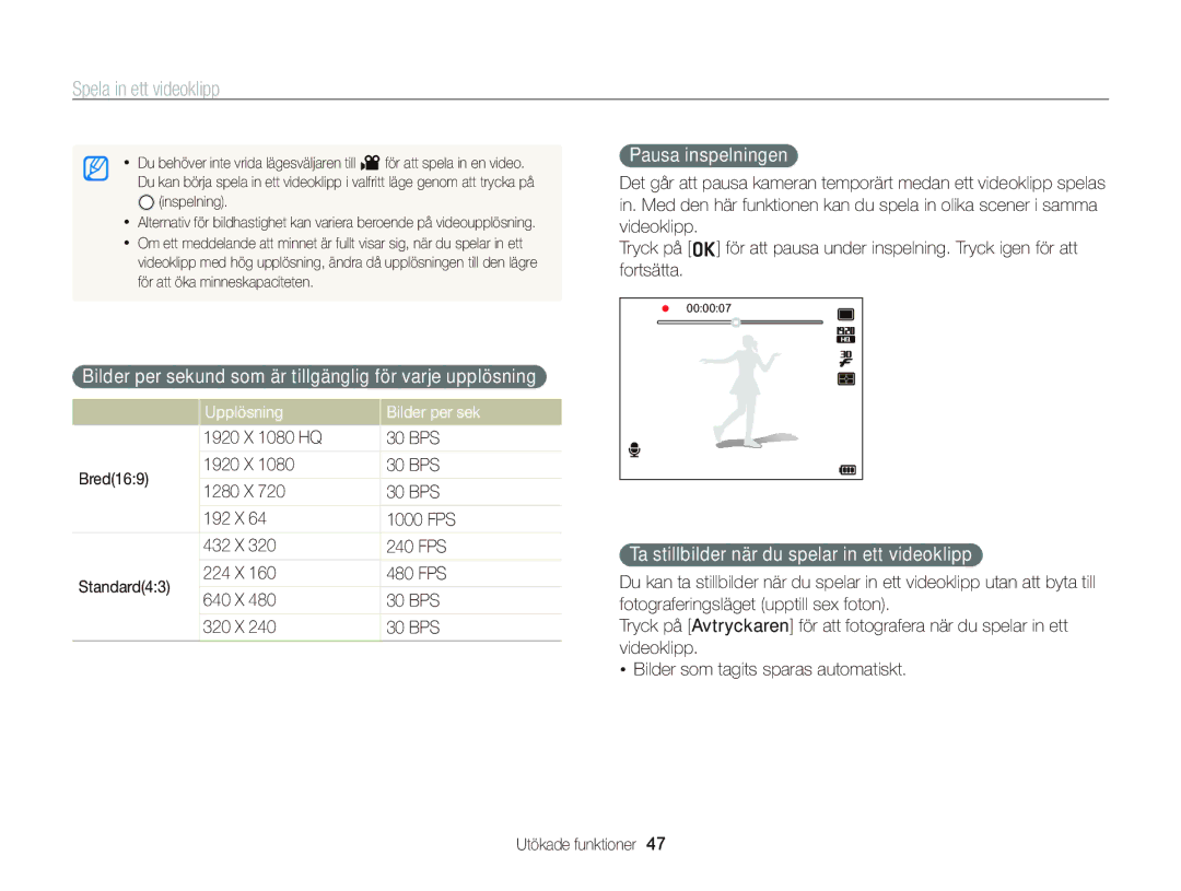 Samsung EC-WB2000BPBE2 manual Spela in ett videoklipp, Bilder per sekund som är tillgänglig för varje upplösning 