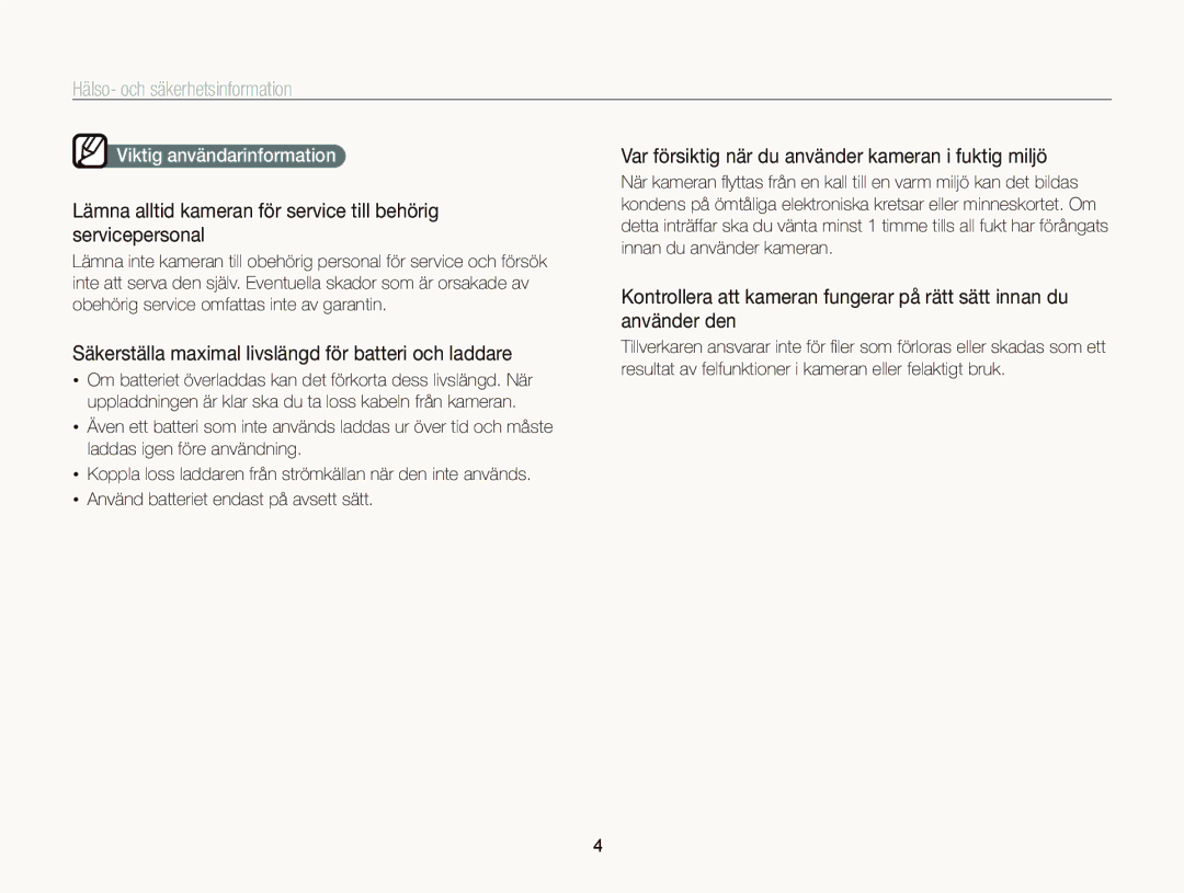 Samsung EC-WB2000BPBE2 manual Säkerställa maximal livslängd för batteri och laddare 