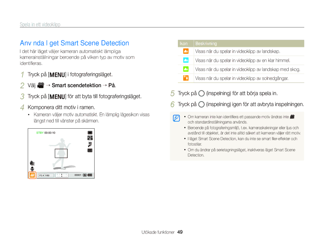 Samsung EC-WB2000BPBE2 manual Använda läget Smart Scene Detection, Ikon Beskrivning 